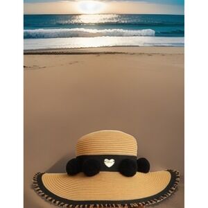 Betsey Johnson Black PomPom Band Floppy Wide Brim Natural Raffia Weave Beach Hat